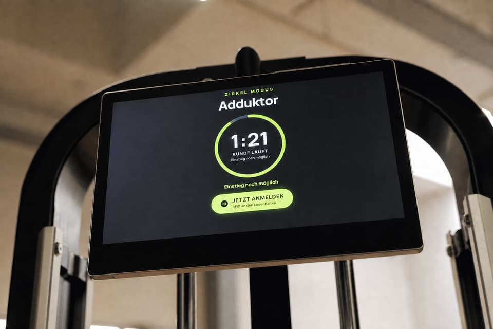 Trackbar-Tablet an einem Kraftgerät zeigt den Zirkel-Modus mit laufendem Rundentimer.